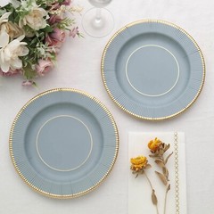 25 DUSTY BLUE 8″ Metallic Round Paper Salad DINNER PLATES Textured Rim Party