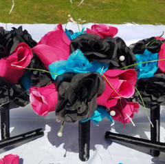 Wedding Bouquet Set – Black, Bright Pink, Turquoise Rose Flowers – 26 pieces