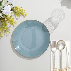 DUSTY BLUE 10 Glossy 8″ Round Plastic Salad PLATES Gold Rim Party Events