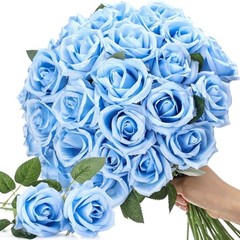Thiccywoov 30 Pcs Rose Artificial Flowers in Bulk Lifelike Long Stem Light Blue
