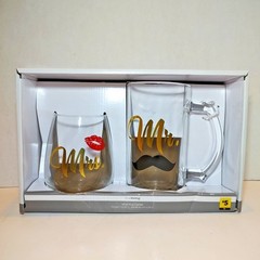 Trueliving Glass Wine 17 oz & Beer Mug 18.6 oz Combo Set Mrs. Mr. Bride Groom