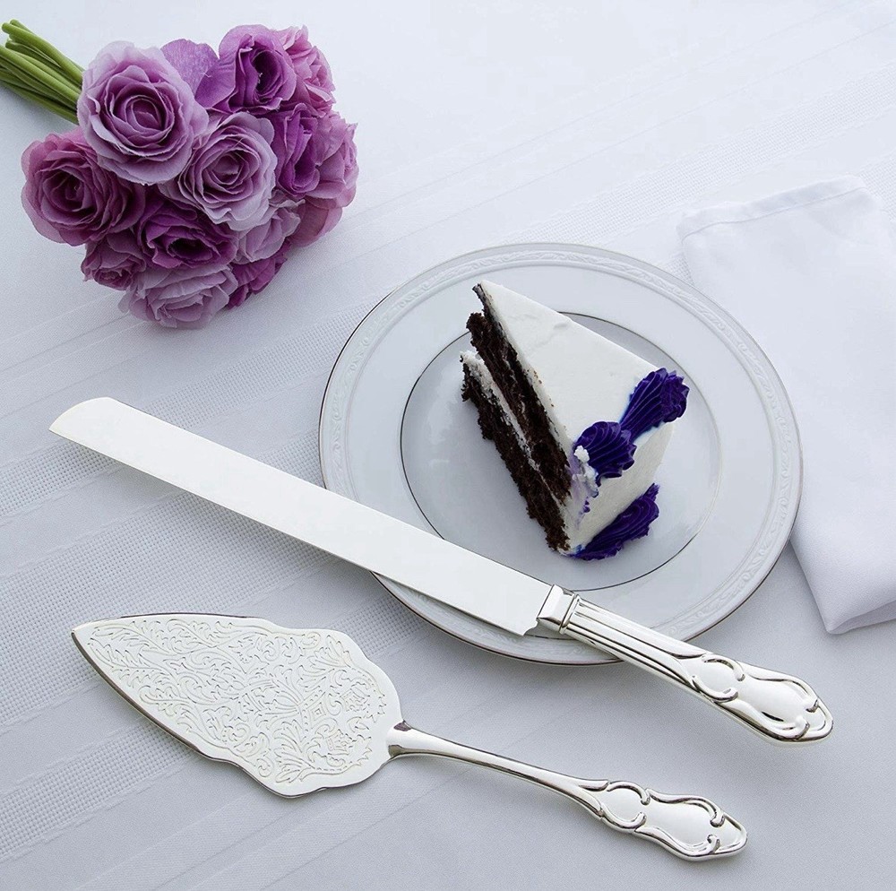 Ella Celebration 2-Piece Cake Knife & Server Set, Silver Glossy Floral