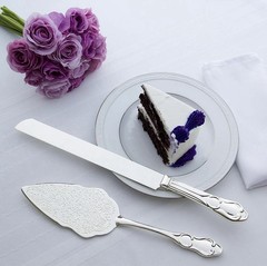 Ella Celebration 2-Piece Cake Knife & Server Set, Silver Glossy Floral