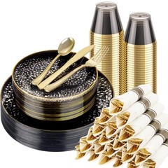 175pcs Black Gold Plastic Plates – Black Black and Gold 175 Pieces (25 Guests)