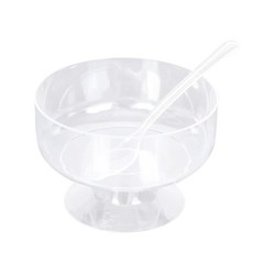 24 CLEAR 6 oz Crystal Plastic Footed Dessert CUPS SPOONS Party Event Decorations