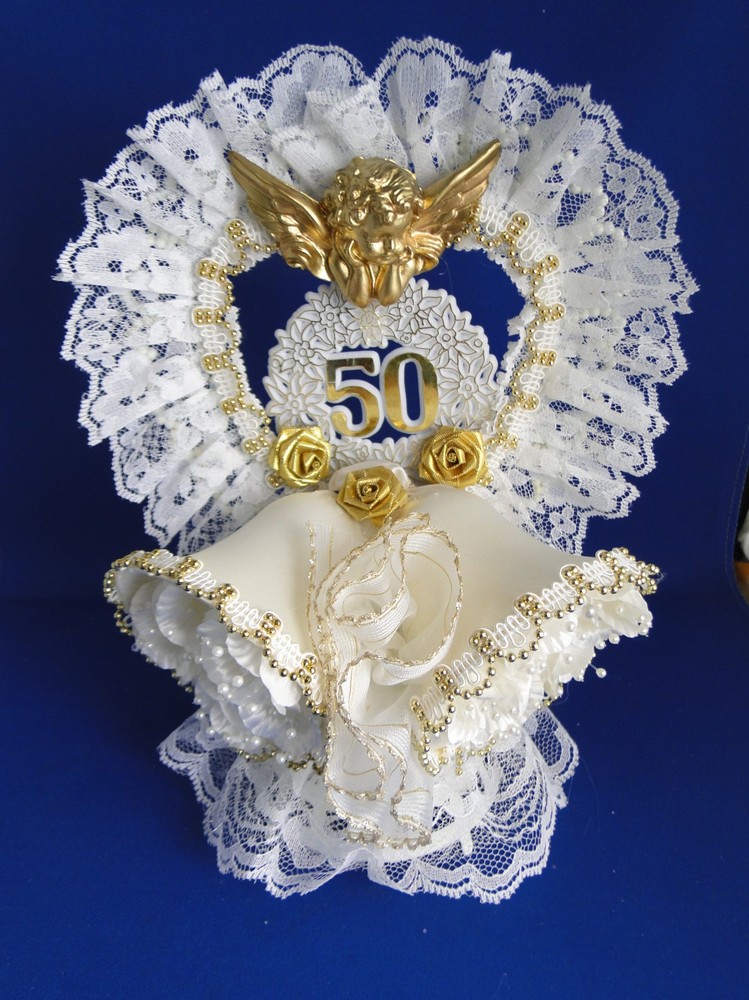 New 50th Wedding Anniversary Cake topper with Bells, Cherub Lace & Gold Beads #7