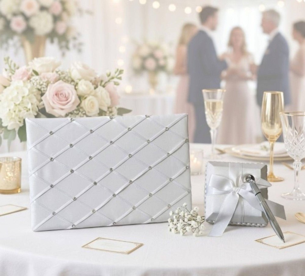Luxury Rhinestone White Satin Wedding Guest Book and Pen Set