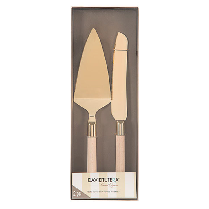 DAVID TUTERA™ GOLD CAKE KNIFE AND SERVER SET WITH WOODEN HANDLES – 2 PIECES