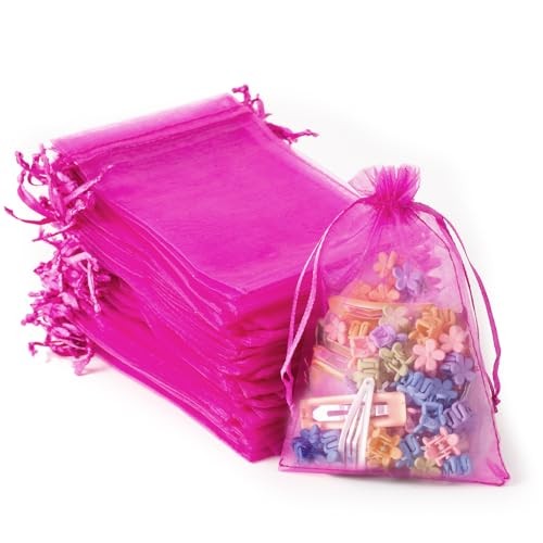 100PCS Organza Bags, 4×6 inches (10x15cm) Small Mesh Bags Drawstring Hot Pink