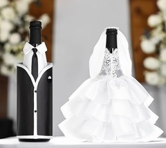 Wedding Wine Bottle Covers Set – Bride & Groom Bottle Decorations White/Black