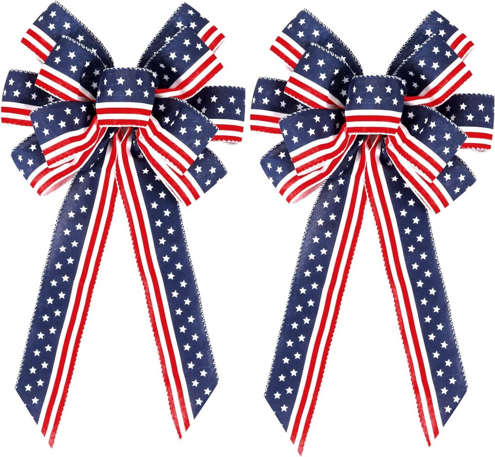 2 Pack 4th of July Decor Bow for Wreath,Red White Blue Stripe Stars Tree Topper