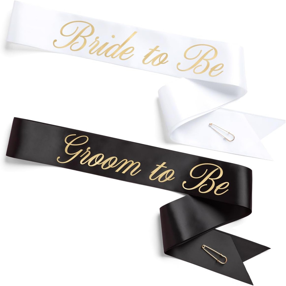 Bride and Groom Sash Duo 2 Pack | White and Black Satin, Gold Foil