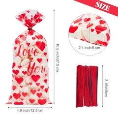 100 Pcs Valentine Treat Bags – Red Heart Cellophane Goodie Bags, Valentines