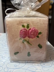 Pink Roses Square Candle Gift Wrapped With White Ribbon Rare Unscented New