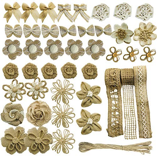 46 PCS Natural Burlap Flowers Set, 3 Rolls Lace Burlap Ribbon and 40 PCS 2
