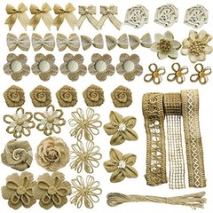 46 PCS Natural Burlap Flowers Set, 3 Rolls Lace Burlap Ribbon and 40 PCS 2
