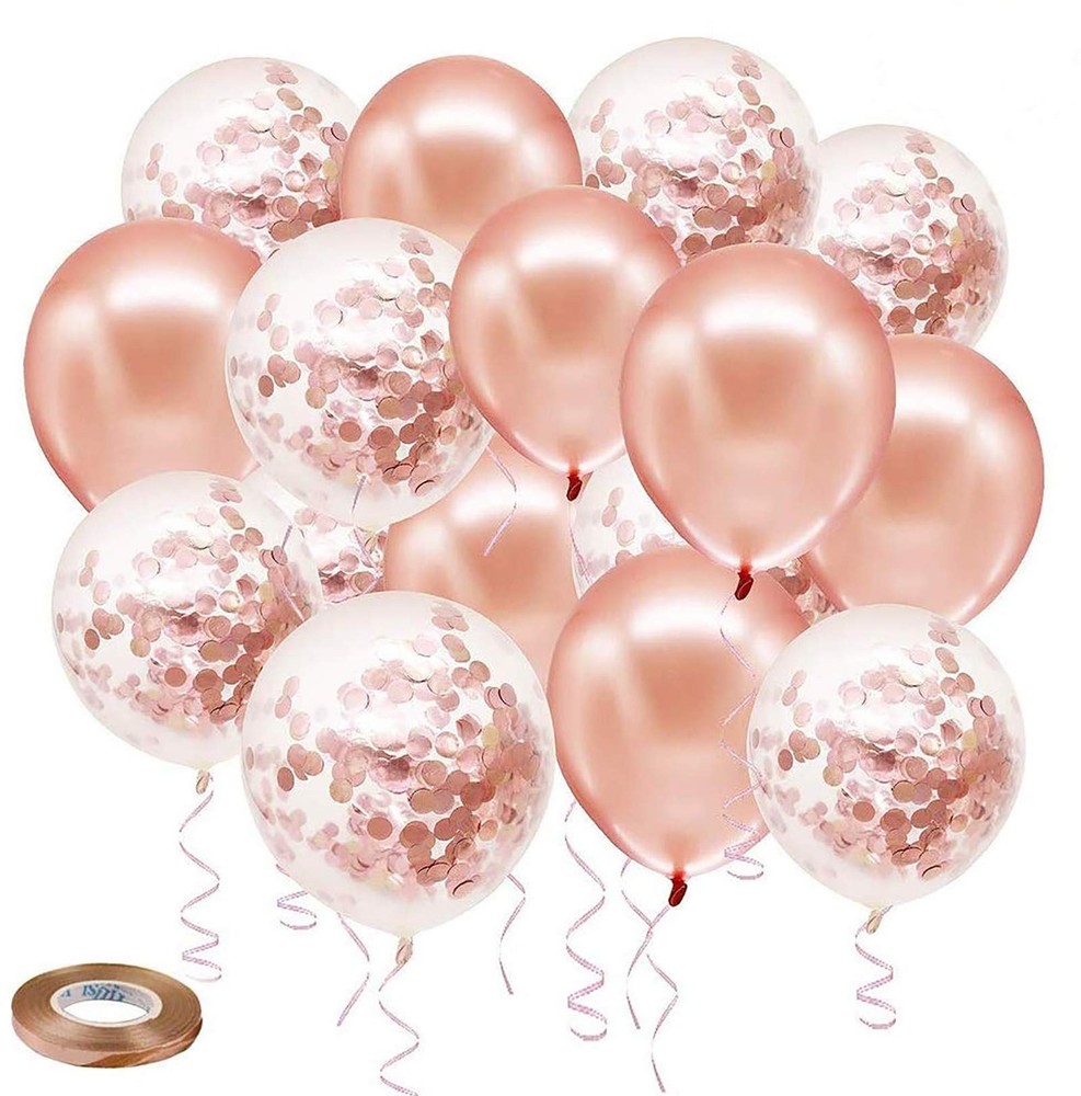 Rose Gold Confetti Latex Balloons, 50 12 Inch (Pack of 50), Rosegold,clear