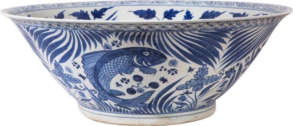 Handcrafted Blue and White Village Fish Bowl-Large Ceramic