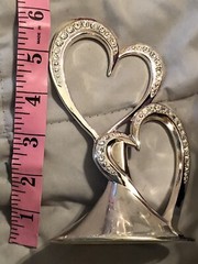Double HEART Silver Metal with Rhinestones Cake Topper