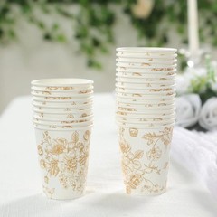 24 WHITE GOLD 9 oz Disposable PAPER CUPS French Toile Pattern Party Supplies