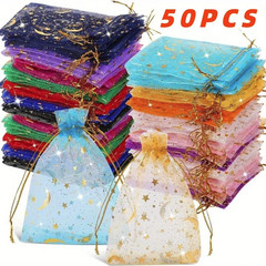 50pcs Organza Gift Bags: Moon & Stars Drawstring Pouches for Jewelry & Favors