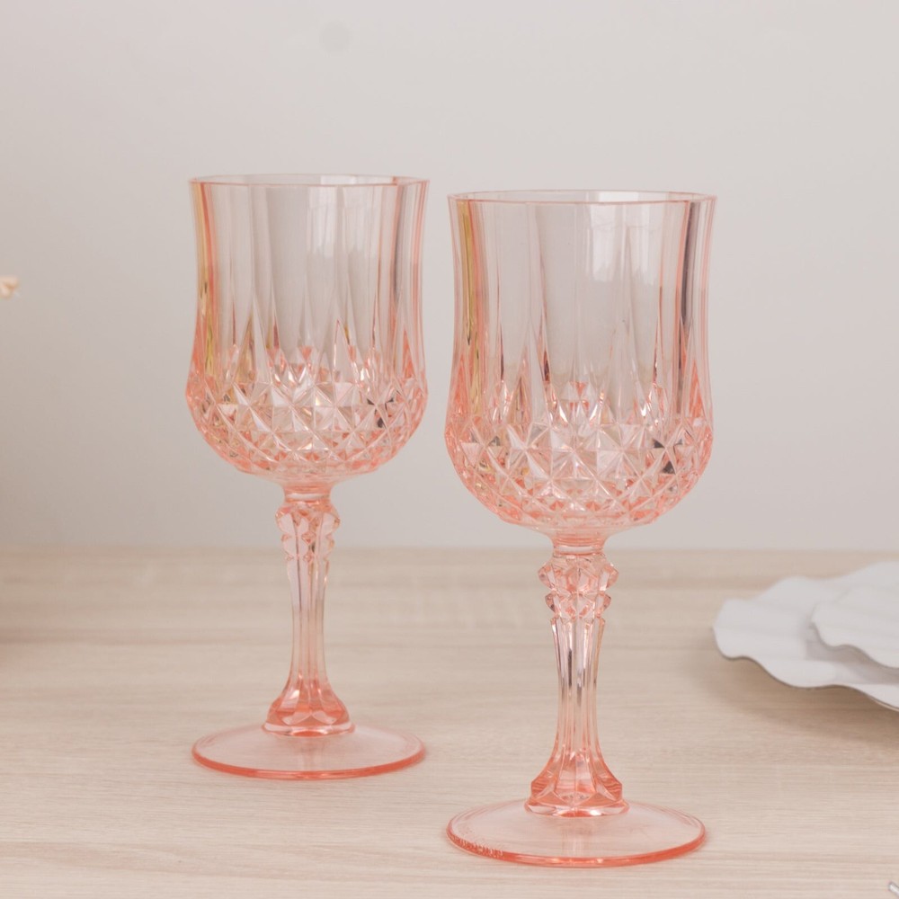 TRANSPARENT BLUSH 6 Plastic 8 oz Crystal Cut Goblets WINE GLASSES Party Events