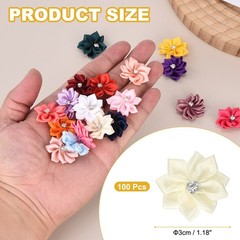 100Pcs Ribbon Flowers 1.2 in Fabric Flowers with Rhinestones Beige