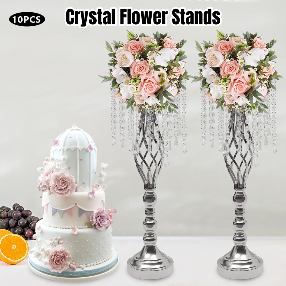 10Pcs Silver Crystal Flower Stands – 21.7in Wedding Table Centerpieces