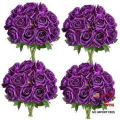 48 PCS Deep Purple Roses Artificial Flowers – Fake Silk Floral with Dark Purple