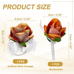 2Pcs Wrist Corsage Boutonnieres Set with White Ribbon, Autumn Orange