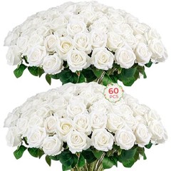 PCS Artificial Roses Bulk Velvet Silk Fake Roses, Realistic Flowers 60 White