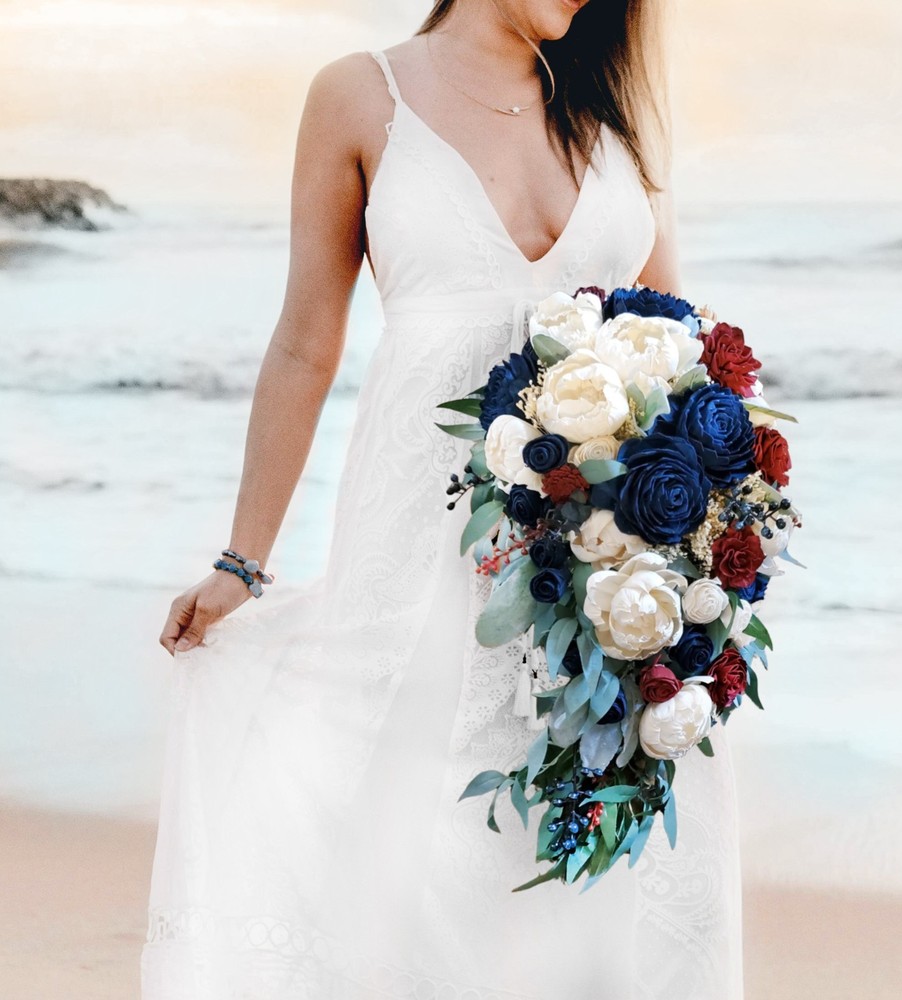 24″ Navy Blue & Burgundy Bridal Bouquet Sola Wood Flower Wedding Cascade