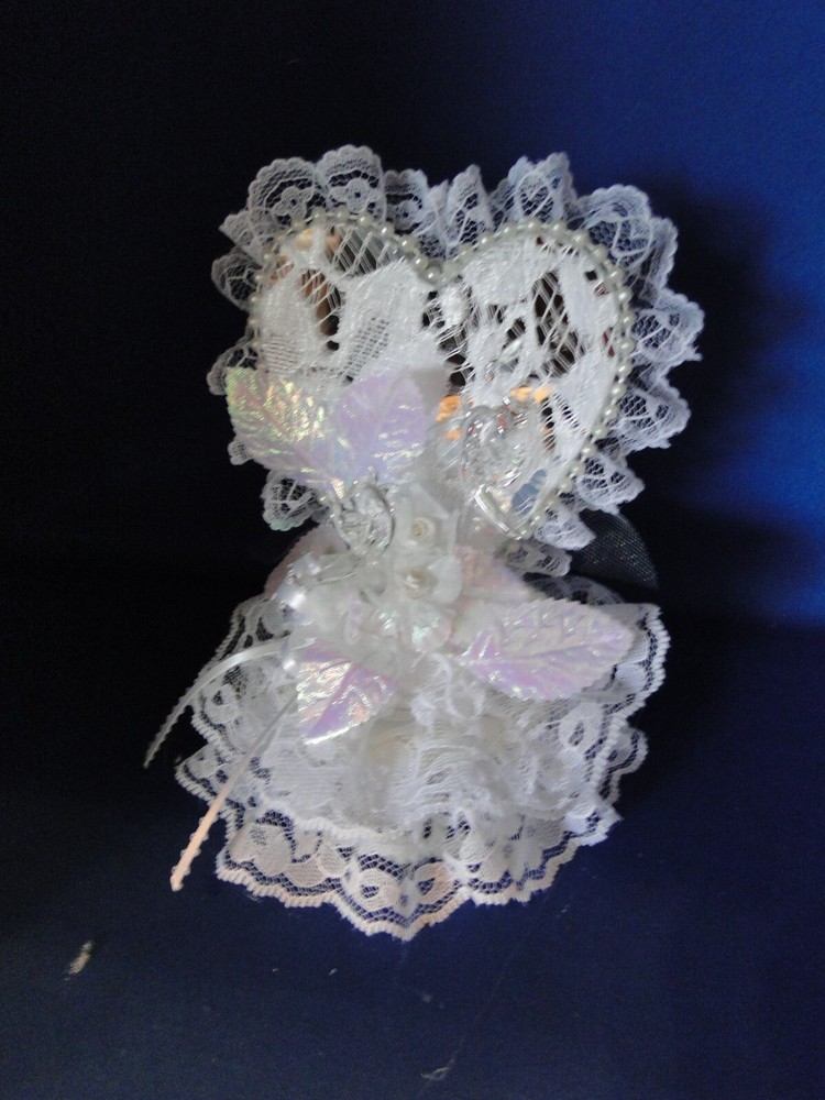 New Elegant Lace Covered Heart Mirror with shimmering flower Wedding CakeTop #83