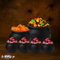 PMU 6pc Halloween Cauldron Pot Kettle Set: 8″, 6″, 4x 3″ Black Plastic Decor