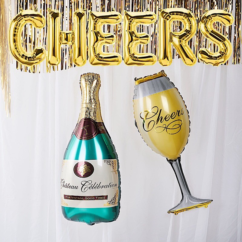 39″ GOLD GREEN Champagne Bottle and Goblet Mylar Foil Balloons Party Supplies