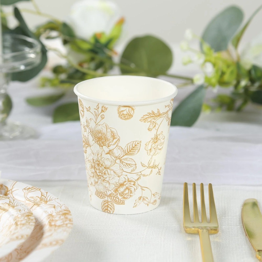 24 WHITE GOLD 9 oz Disposable PAPER CUPS French Toile Pattern Party Supplies