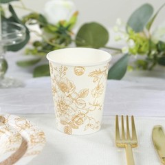24 WHITE GOLD 9 oz Disposable PAPER CUPS French Toile Pattern Party Supplies