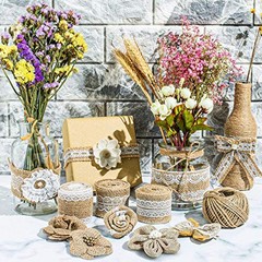 46 PCS Natural Burlap Flowers Set, 3 Rolls Lace Burlap Ribbon and 40 PCS 2