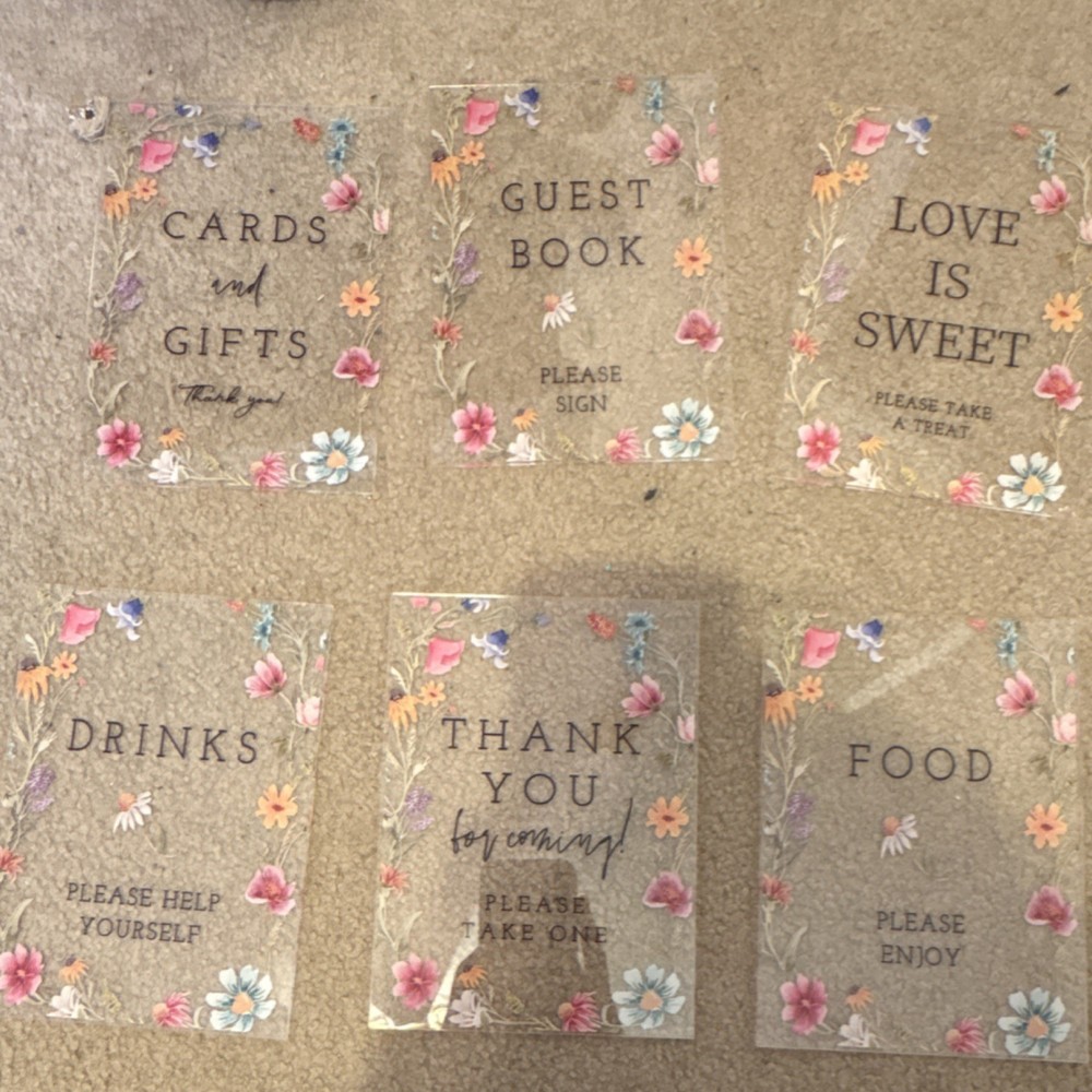 Acrylic Floral Table Signs Set of 6 with Holders, Reusable, Clear