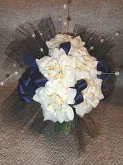 NEW 5″ Artificial Ivory Rose Wrist Corsage & Matching Bout, Pearls, Black Bow