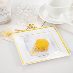 25 pcs Plastic WHITE with Gold Rim 6″ PLATES Disposable Party Wedding SQUARE