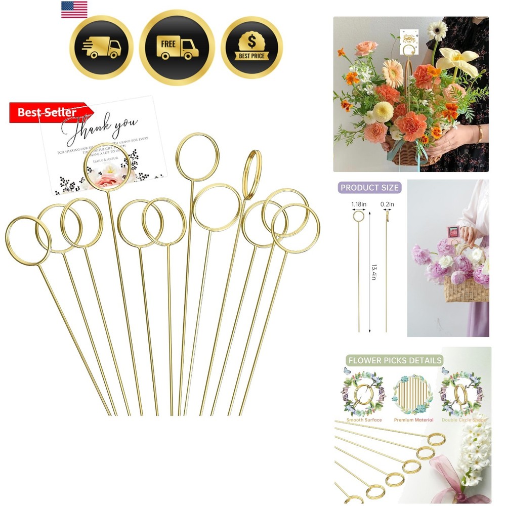 30 Pack Strong Grip Gold Floral Card Holder Picks, 13.4 Inch Metal Flower Pi…