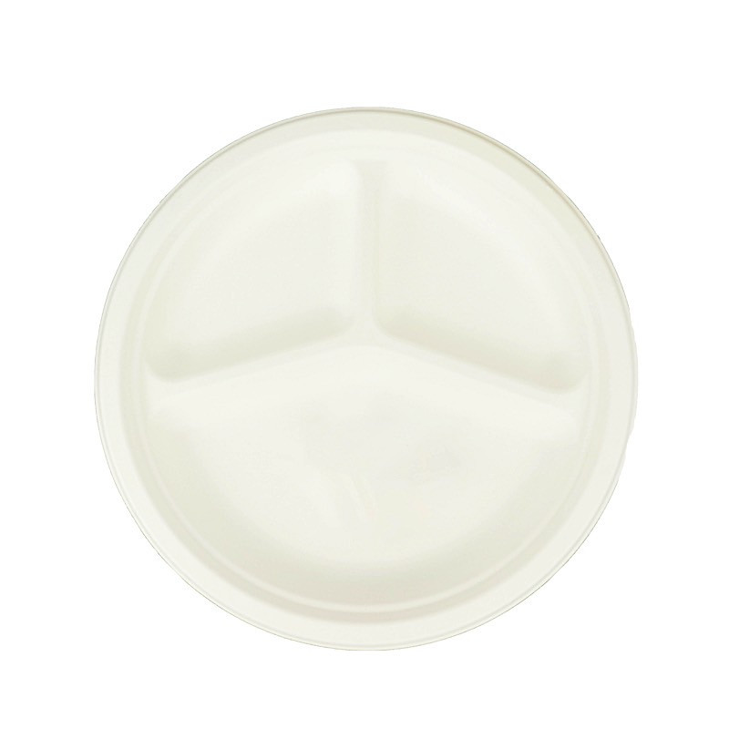 50 Round 10″ White 3-Compartment Sustainable Bagasse Dinner Plates Party Events