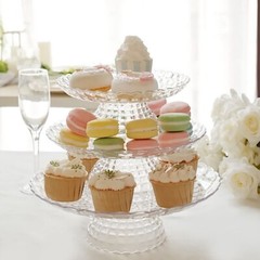 3 Clear Plastic CUPCAKE STANDS Pressed Design Stackable Dessert Pedestals Party