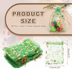 100 Pcs 4×6 Inch Sheer Heart Printed Organza Bags with Drawstring, Green