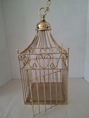 Gold Finish Metal Heart Bird Cage+Adj Hanging Chain Wedding Card Holder Planter