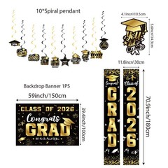 Graduation Decorations 2026 Set Black Gold, 60 inches x 40 inches, Gold