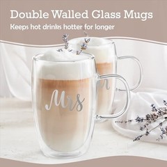 Mr and Mrs Coffee Mugs Set – 14.5 oz Double Walled Glasses – His and Hers