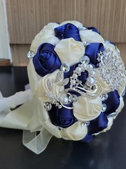 8″ Navy Blue Satin Rose Bridal Wedding Brooch Bouquet with Sparkle Rhinestones