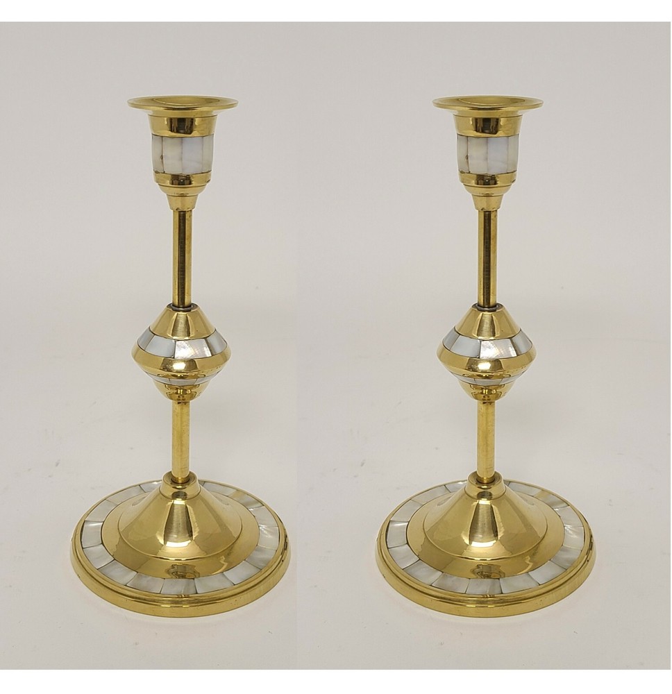 Candle Holder Brass Mother of Pearl Inlay Round 4″Dia 8″High Set of 2